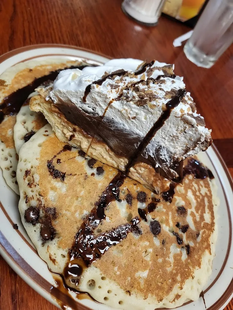 I Simply Call It the Dish It Is Chocolate Chip Pancakes with Peanutbutter Pie Right on Top
